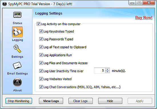 Select what activities on your computer should be logged